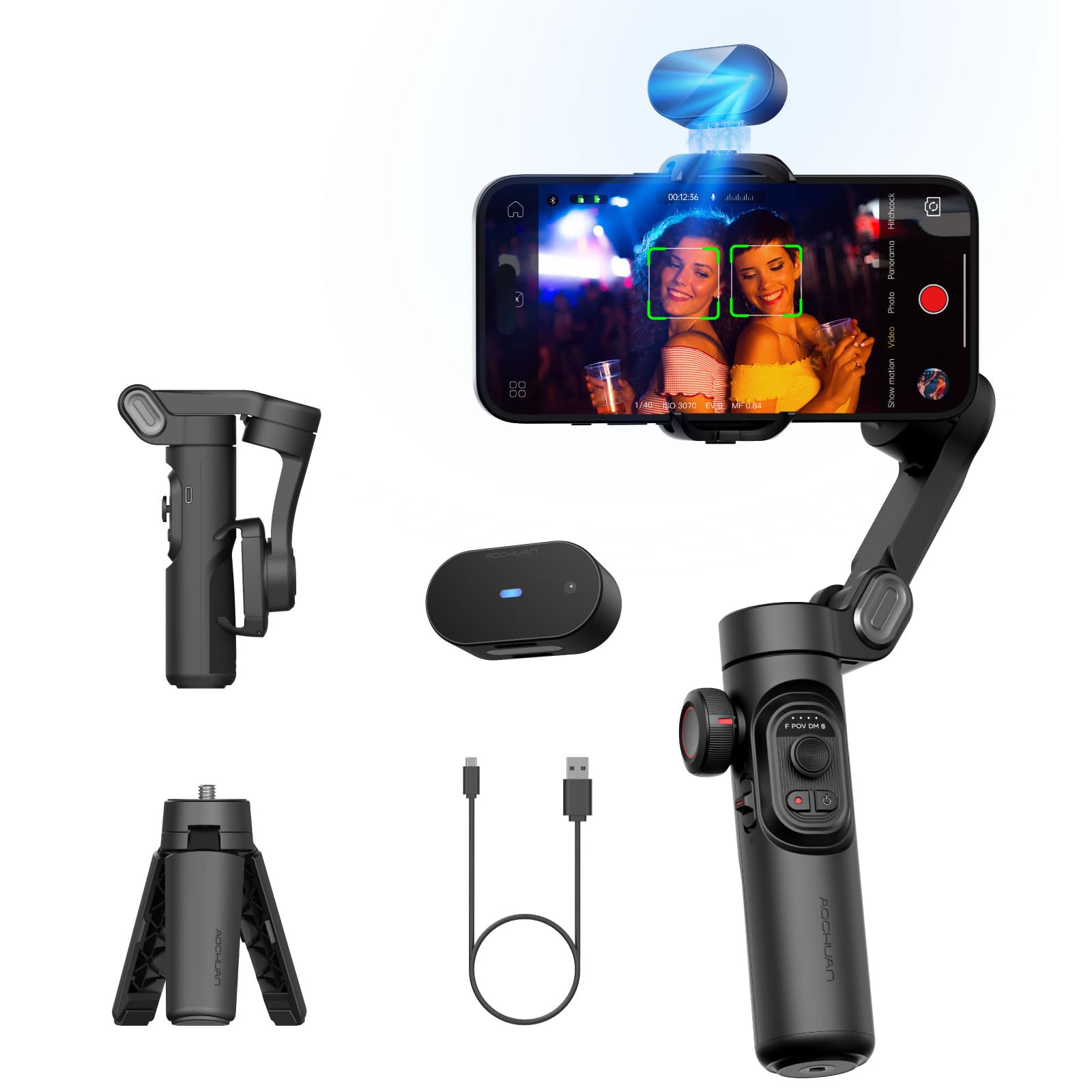 3-Axis Gimbal Stabilizer for Smartphone with RGB Magnetic Fill Light Upgraded Face Tracking Focus Wheel Foldable iPhone Gimbal for iPhone/Android Phone Stabilizer Vlog Recording Smart XE Kit