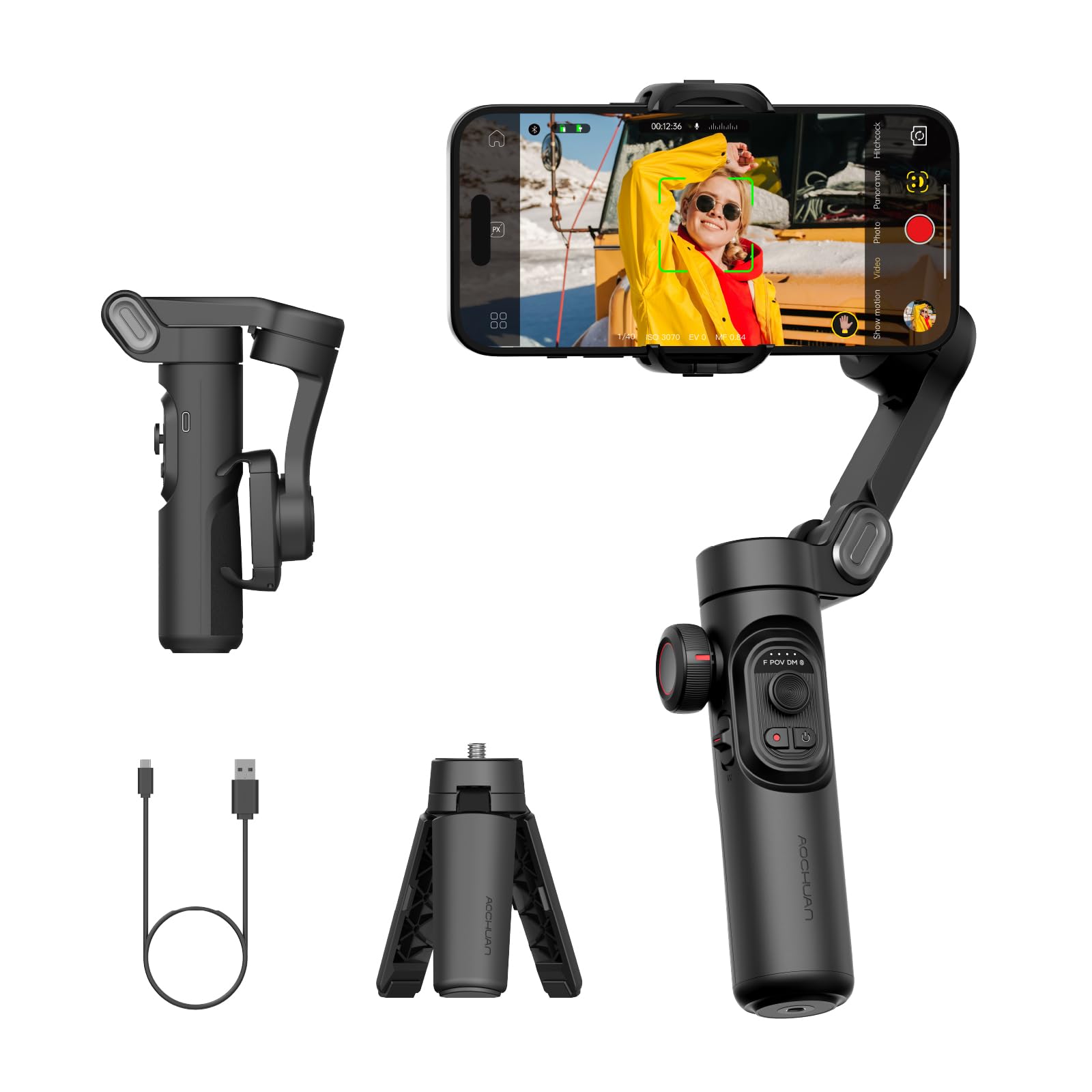 3-Axis Gimbal Stabilizer for Smartphone with RGB Magnetic Fill Light Upgraded Face Tracking Focus Wheel Foldable iPhone Gimbal for iPhone/Android Phone Stabilizer Vlog Recording Smart XE Kit
