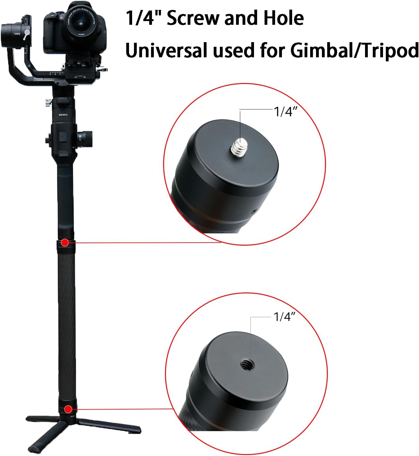 Professional Carbon Fiber Extension Monopod Pole Stick Rod 1/4'' Compatible for DJI RS4/RS4 PRO/RS3 Mini/RS3/RS3 PRO/RS2/RSC2/Ronin S/Ronin SC/Zhiyun Crane 2 Crane 3 Weebill Gimbal Stabilizer