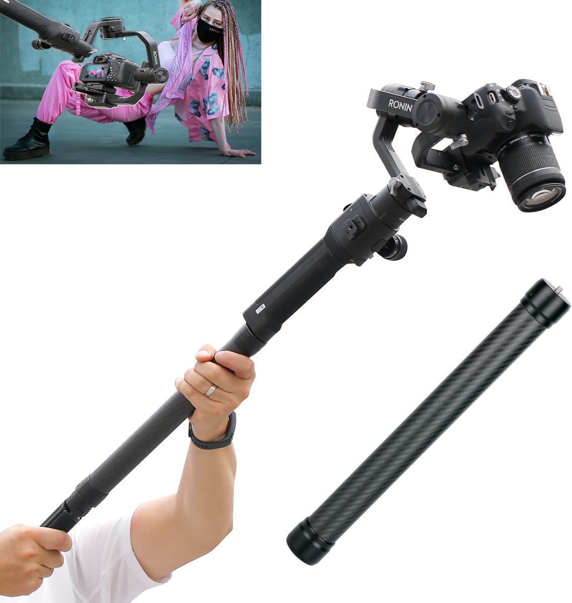Professional Carbon Fiber Extension Monopod Pole Stick Rod 1/4'' Compatible for DJI RS4/RS4 PRO/RS3 Mini/RS3/RS3 PRO/RS2/RSC2/Ronin S/Ronin SC/Zhiyun Crane 2 Crane 3 Weebill Gimbal Stabilizer