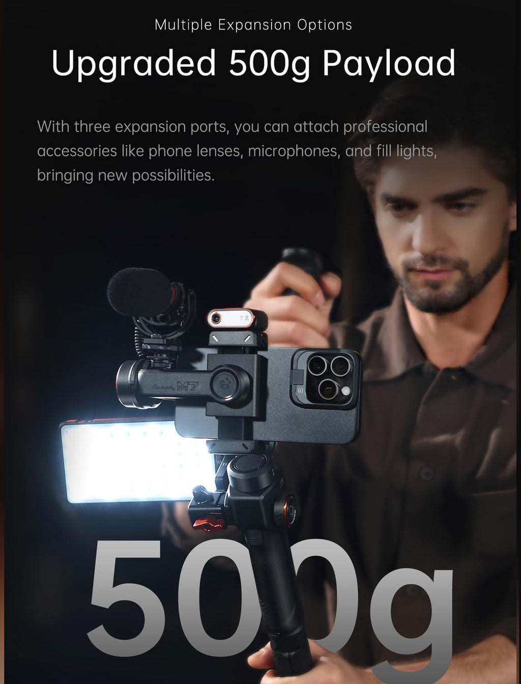 hohem iSteady M7 Gimbal Stabilizer for iPhone, 3-Axis Smartphone Gimbal with Magnetic AI Tracker Fill Light, Detachable Touchscreen Remote Controller, Built-in Extension Rod, 500g Payload