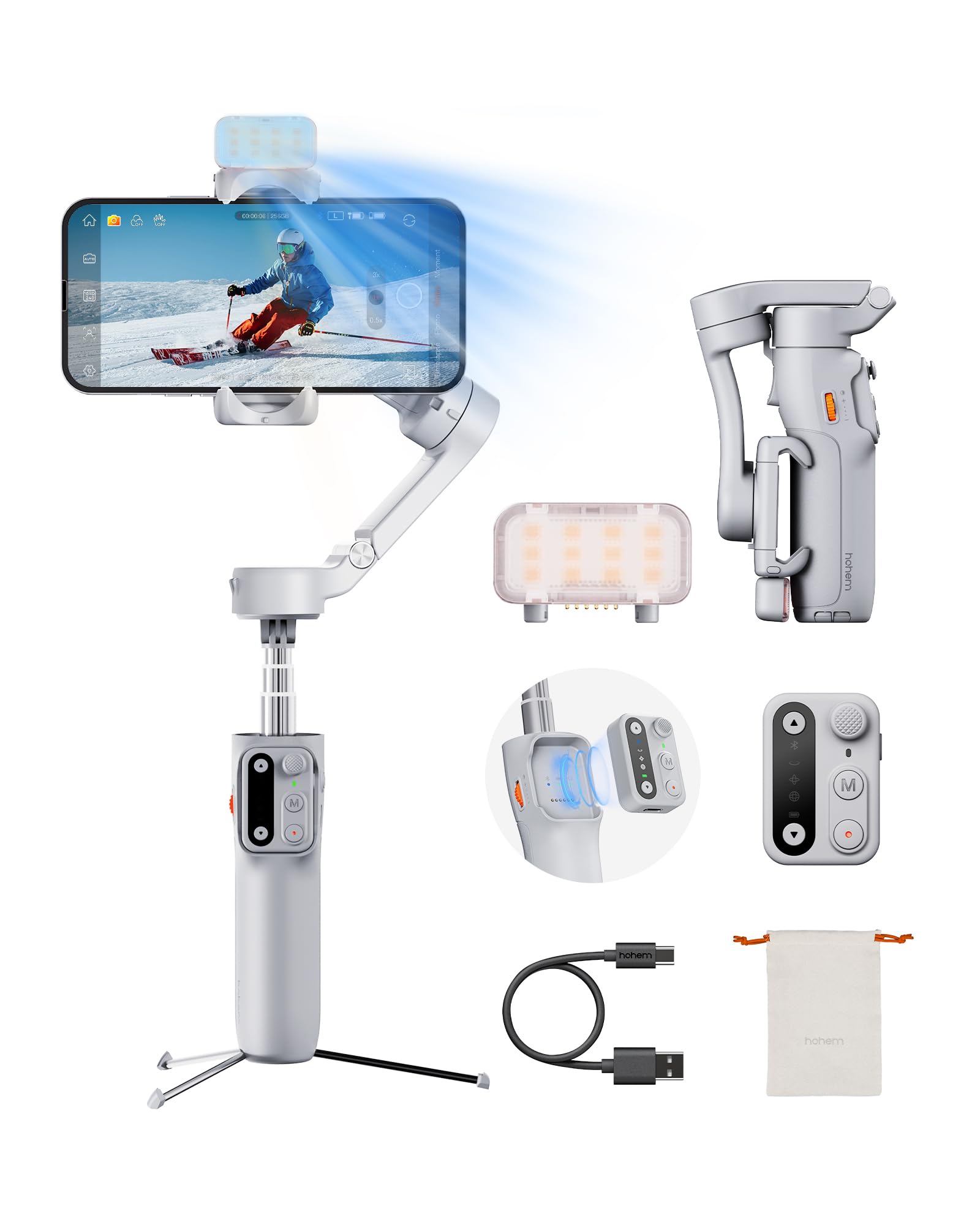 Hohem iSteady X3 Gimbal Stabilizer for iPhone, Foldable Phone Gimbal Object Tracking, Remote Control, 3-Axis Phone Stabilizer Built-in Extendable Rod & Tripod, Fill Light for Video Recording, YouTube