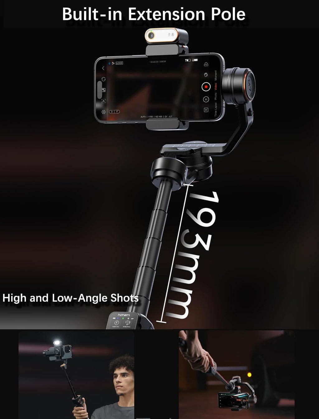 hohem iSteady M7 Gimbal Stabilizer for iPhone, 3-Axis Smartphone Gimbal with Magnetic AI Tracker Fill Light, Detachable Touchscreen Remote Controller, Built-in Extension Rod, 500g Payload