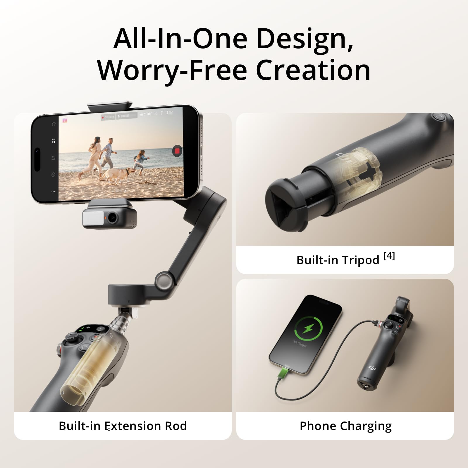 DJI Osmo Mobile 7 Gimbal Stabilizer for iPhone, Android, Built-in Tripod, Ultra-Light, Comfortable Grip, 3-Axis Phone Gimbal, ActiveTrack 7.0, ShotGuides, One-Tap Edit, 10hrs Use, Phone Charging