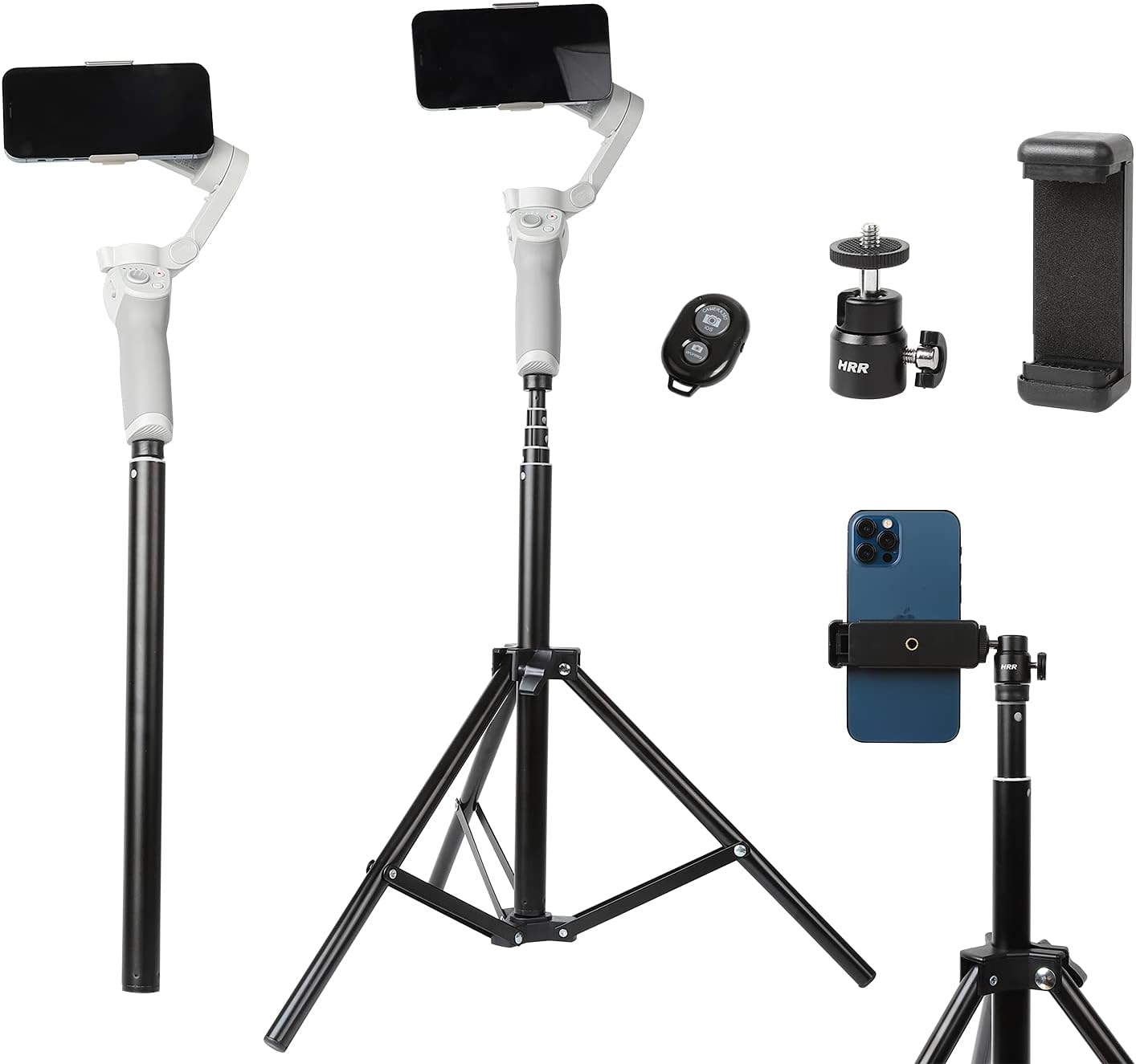 PellKing 2in1 Tripod Extension Rod 59in Adjustable Selfie Stick with Phone Clip for DJI OM4 SE 5/Osmo Mobile 6 3 2/Feiyu Zhiyun and More Hand Held Gimbal Stabilizer Accessories