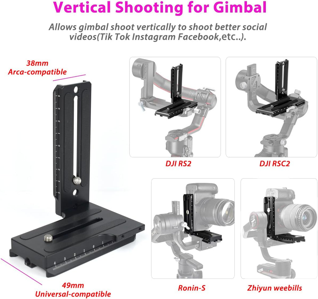 L Bracket Vertical Mount Quick Release Plate for DJI Ronin RSC2 / RS2/ RS3 / S, Zhiyun Weebill S Gimbal, DSLR Camera, Tripod, Monopod