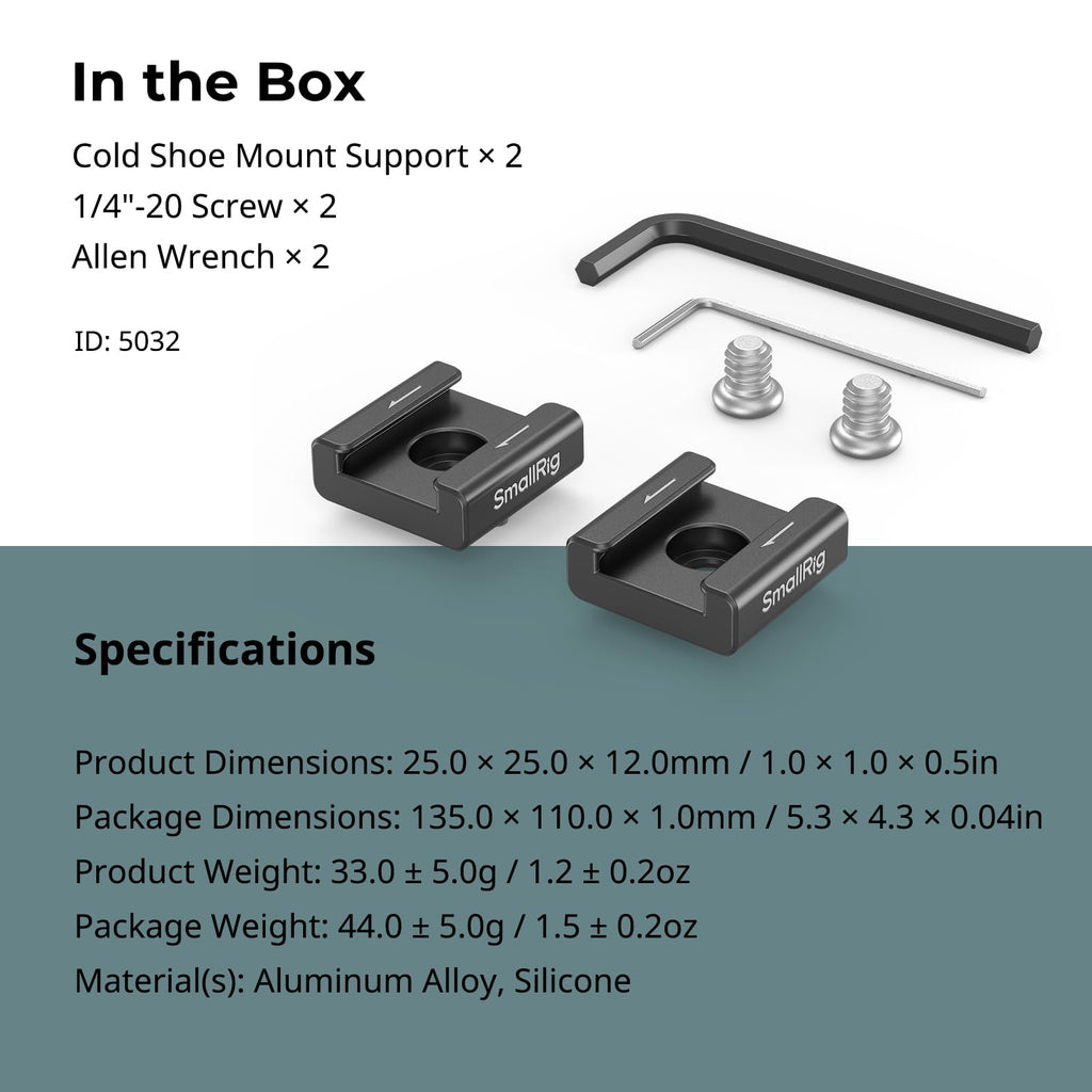 SmallRig Anti-Twist Cold Shoe Mount Adapter (2pcs) with 1/4"-20 Screws, for Flash LED Light Monitor Microphone, with Anti Twist Pins, Compatible with SmallRig Cage - 5032