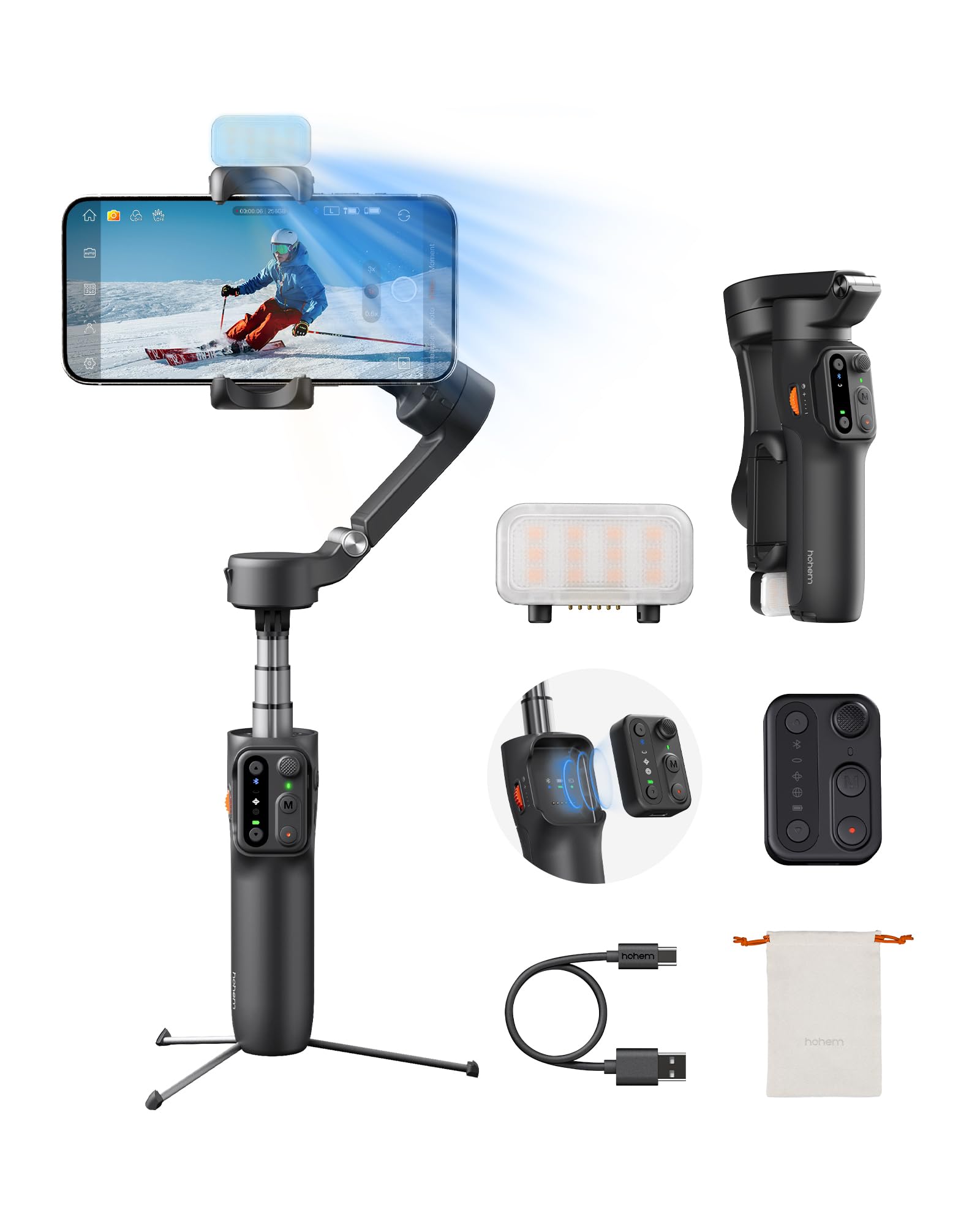 Hohem iSteady X3 Gimbal Stabilizer for iPhone, Foldable Phone Gimbal Object Tracking, Remote Control, 3-Axis Phone Stabilizer Built-in Extendable Rod & Tripod, Fill Light for Video Recording, YouTube