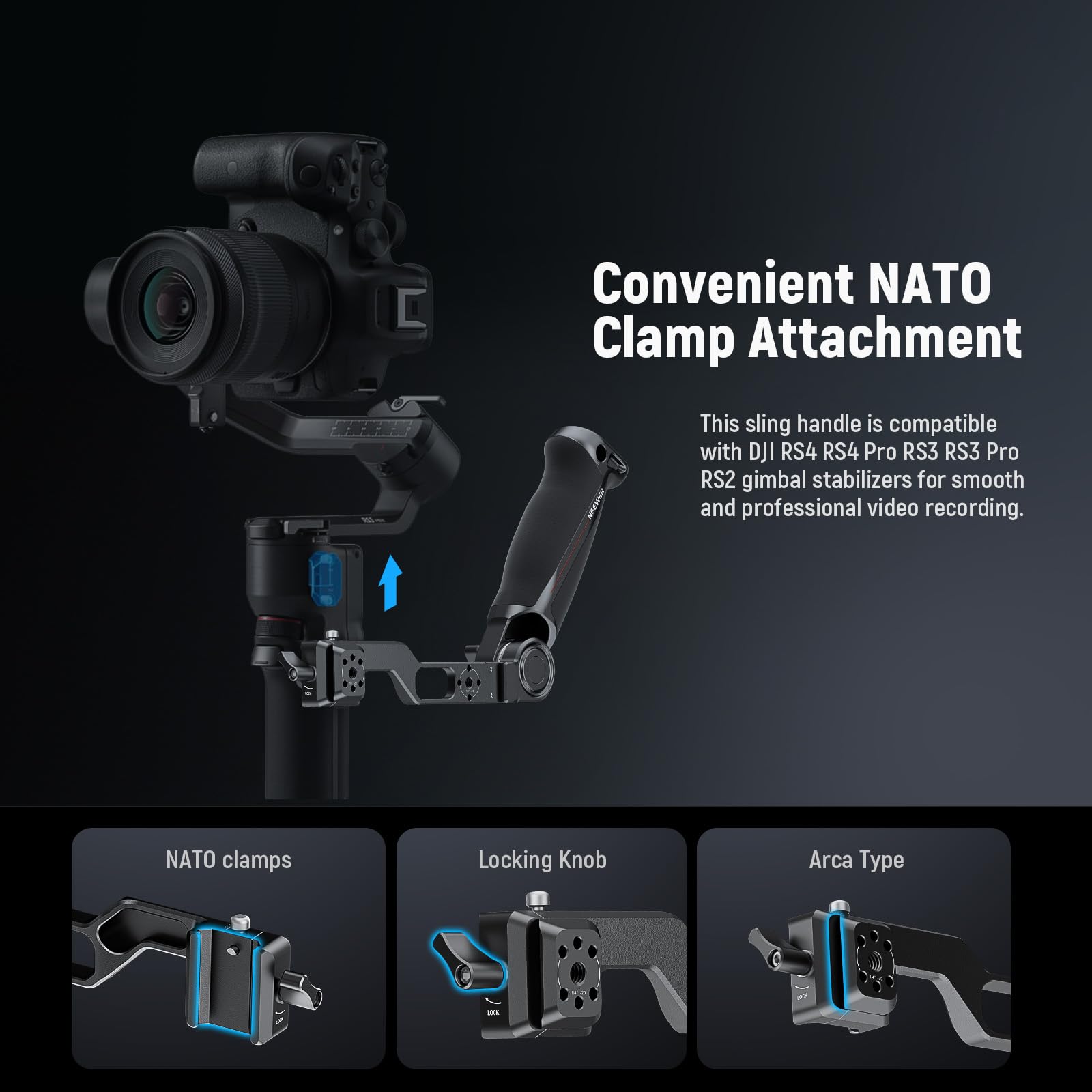 NEEWER Adjustable Sling Handle Grip Compatible with DJI Ronin RS4 RS3 Mini RS 3 Pro RS 2 RSC 2 Gimbal Stabilizer for Low Angle Shot, Max Load 13.2lb, ST49