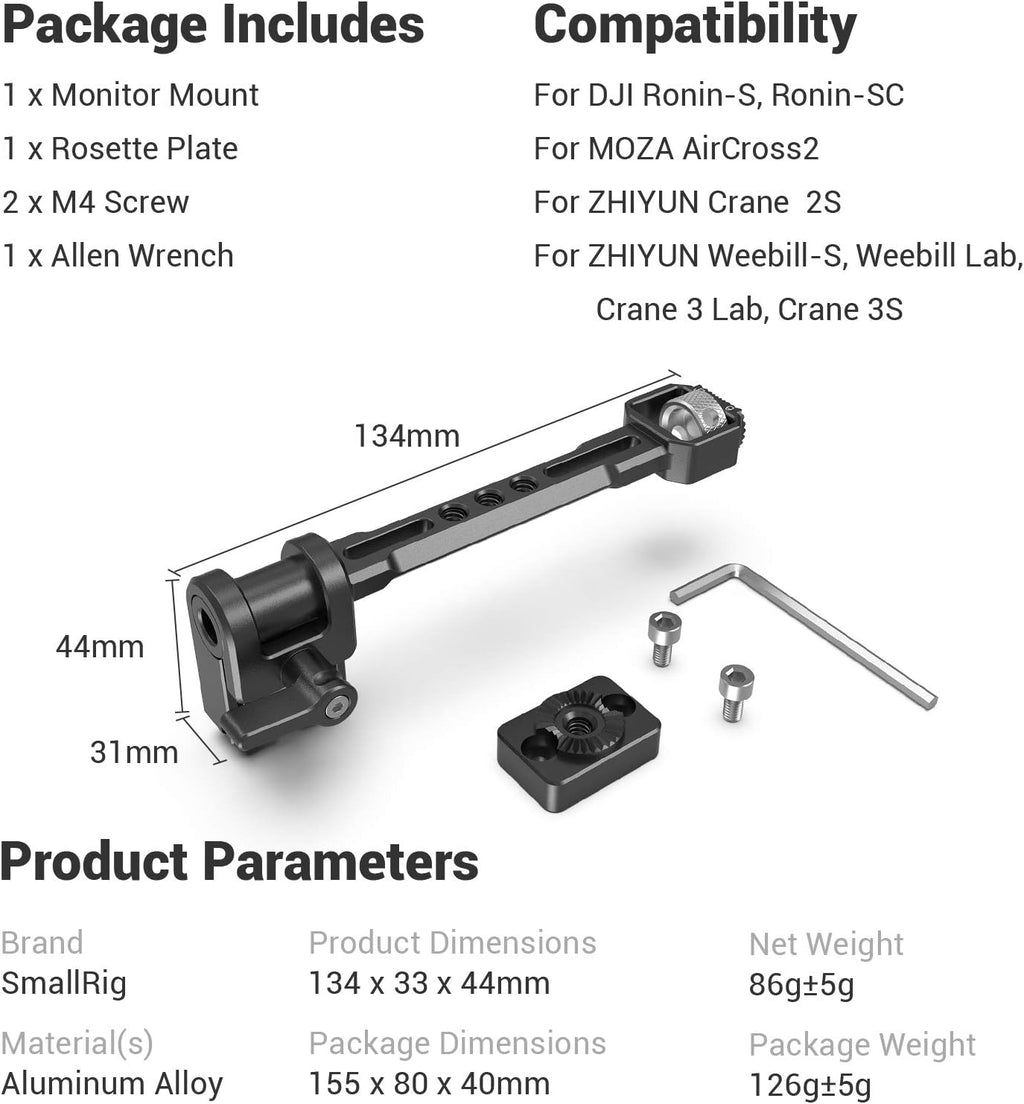SMALLRIG Adjustable Camera Monitor Mount for DJI Ronin-S/Ronin-SC & ZHIYUN Crane 2S/Crane 3/3S/WEEBILL-S & MOZA AirCross 2 Gimbals - 2889