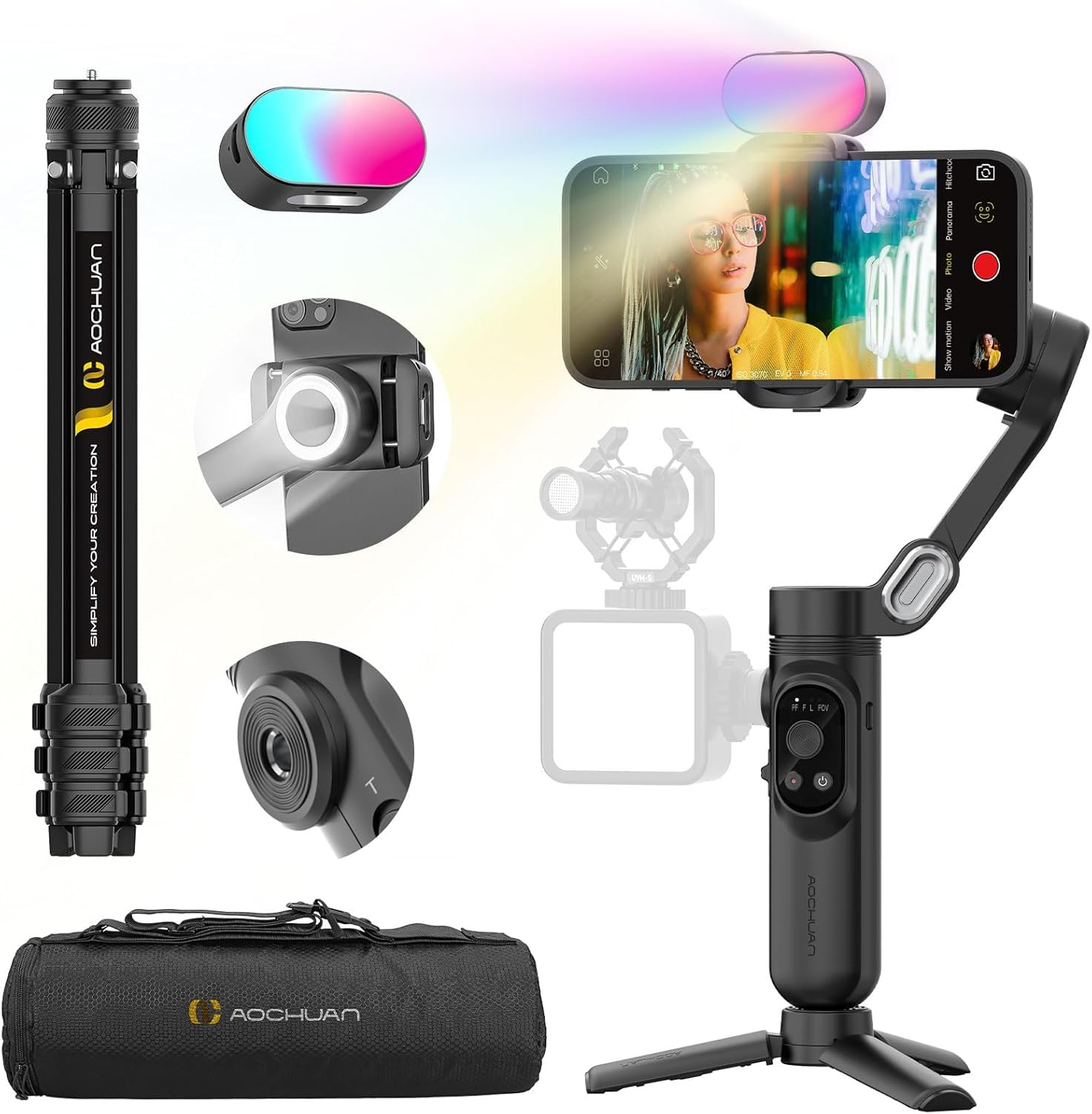 Handheld Gimbal Stabilizer for iPhone 15/14 Android Phone 3-axis Phone Stabilizer for Video Recording Vlogging, Smartphone Gimbal w/RGB Light,AI Tracking for TikTok YouTube(Smart X Kit Black)