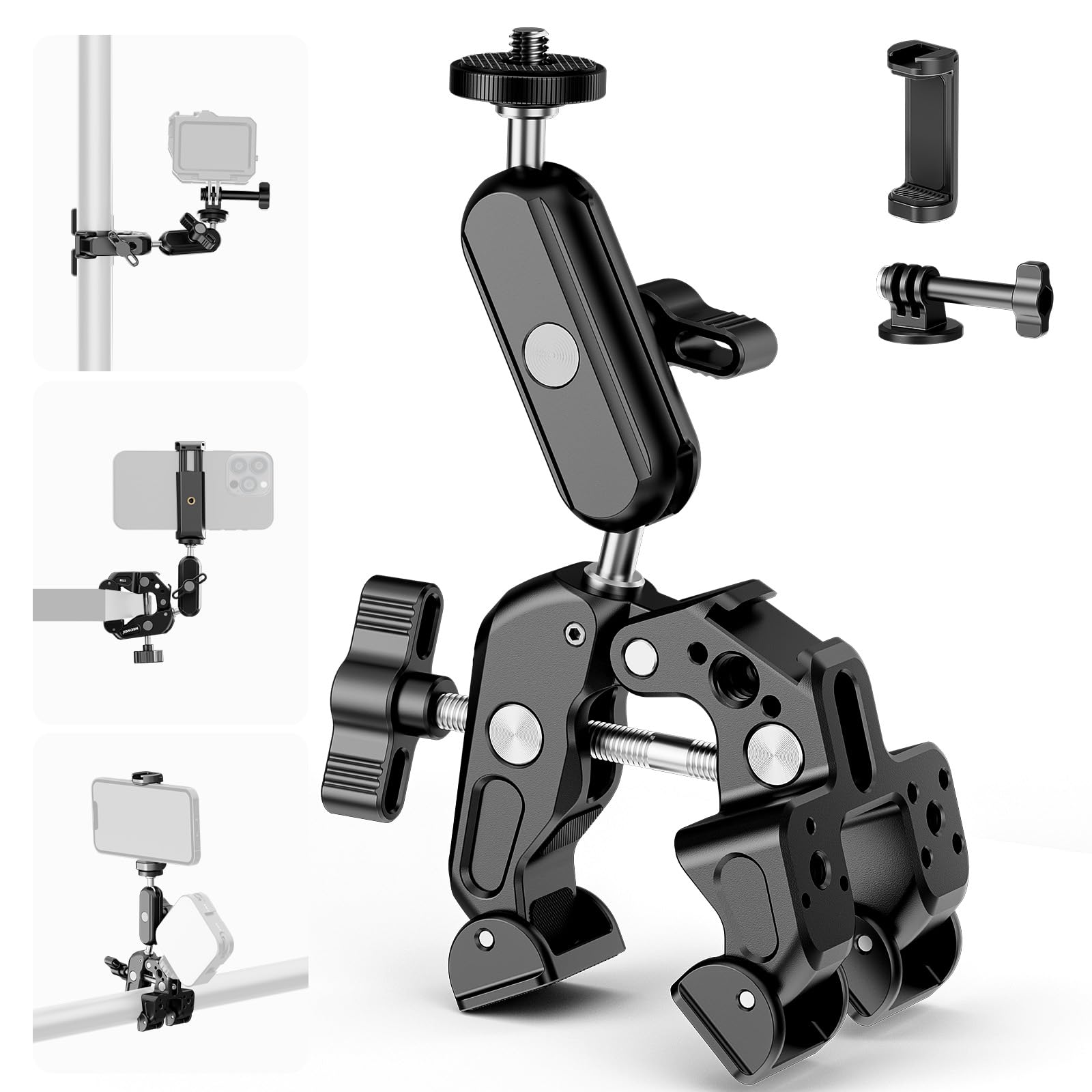 NEEWER Super Clamp with 3" Dual Ballhead Magic Arm, Cold Shoe, 1/4" Threads, Phone/Action Camera Mount Adapter for Desk Tripod Tube Crossbar Gimbal Rods Compatible with SmallRig GoPro DJI, ST83