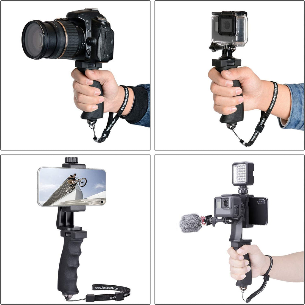 2in1 Ergonomic Portable Action Camera+Smartphone SYN Hand Grip Stabilizer Combo Mount Video Vlogging Rig Holder Kit for GoPro iPhone Interview Travel YouTube Tiktok Streaming-Mic+Light Adapter
