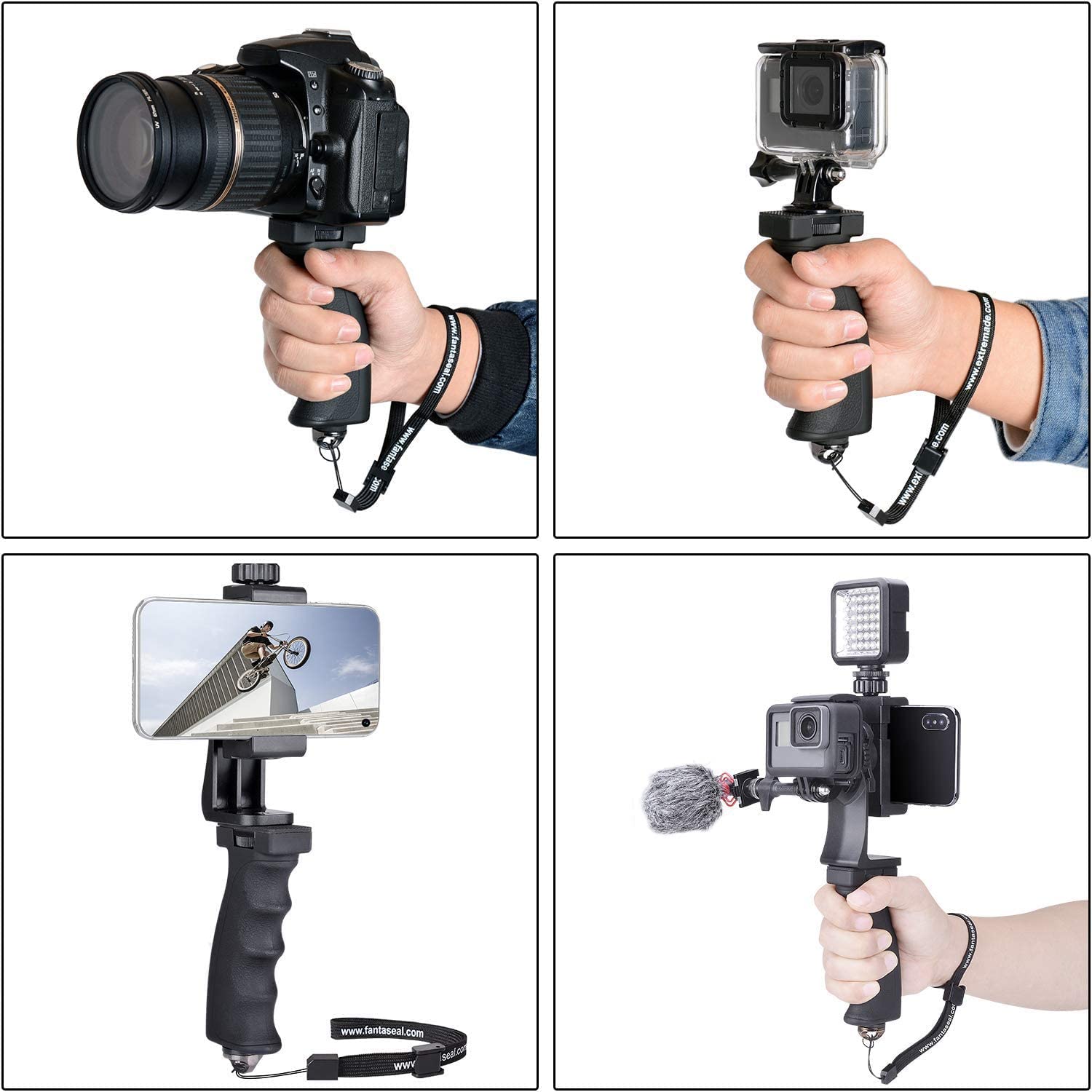 2in1 Ergonomic Portable Action Camera+Smartphone SYN Hand Grip Stabilizer Combo Mount Video Vlogging Rig Holder Kit for GoPro iPhone Interview Travel YouTube Tiktok Streaming-Mic+Light Adapter