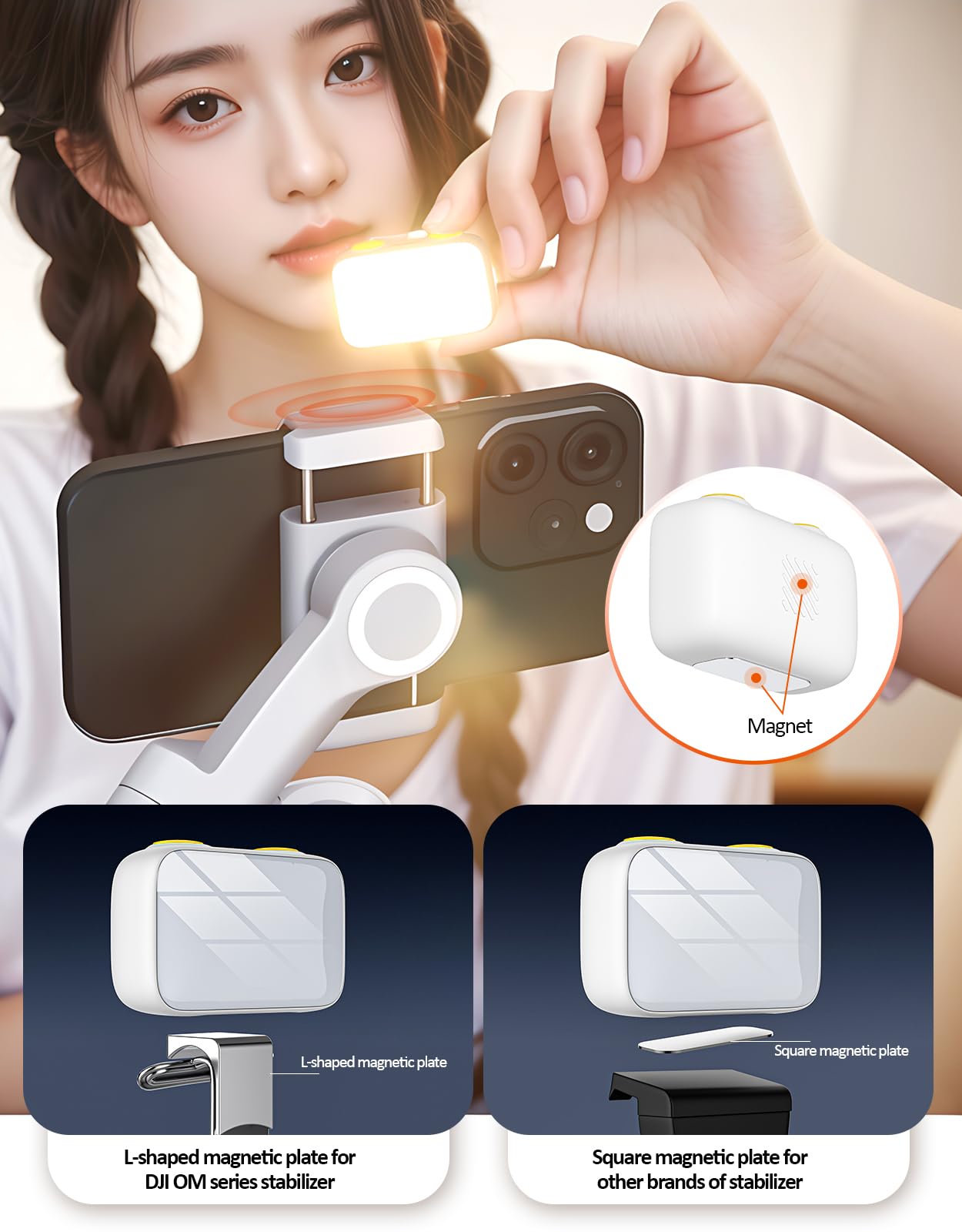 Magnetic Light for DJI Gimbal Small Video Light for Gimbal - USB-C Rechargeable, 3 Modes, 10 Brightness Levels, Compact DJI Light Attachment