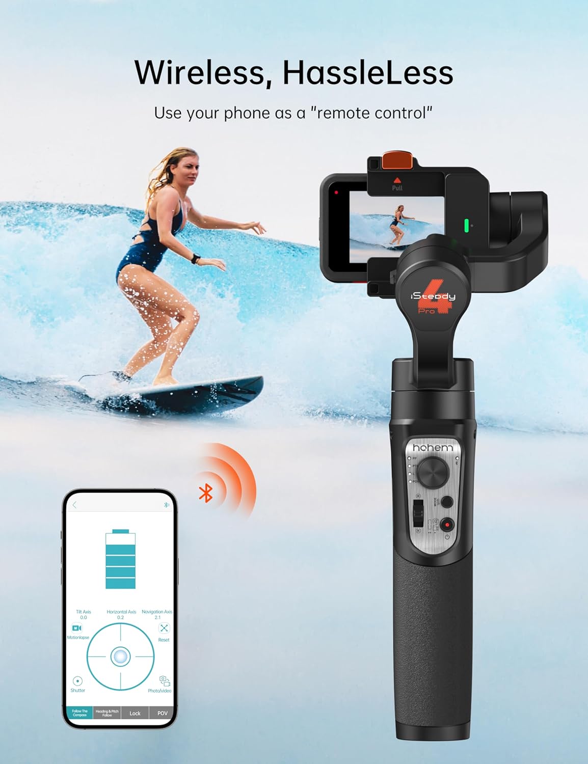 Hohem iSteady Pro 4 3 Axis Gimbal Stabilizer for Gopro Hero 13/12/11/10/9, Bluetooth Control, IPX4 Splashproof, Camera Stabilizer for Video Recording, Compatible with Osmo Camera, Insta360