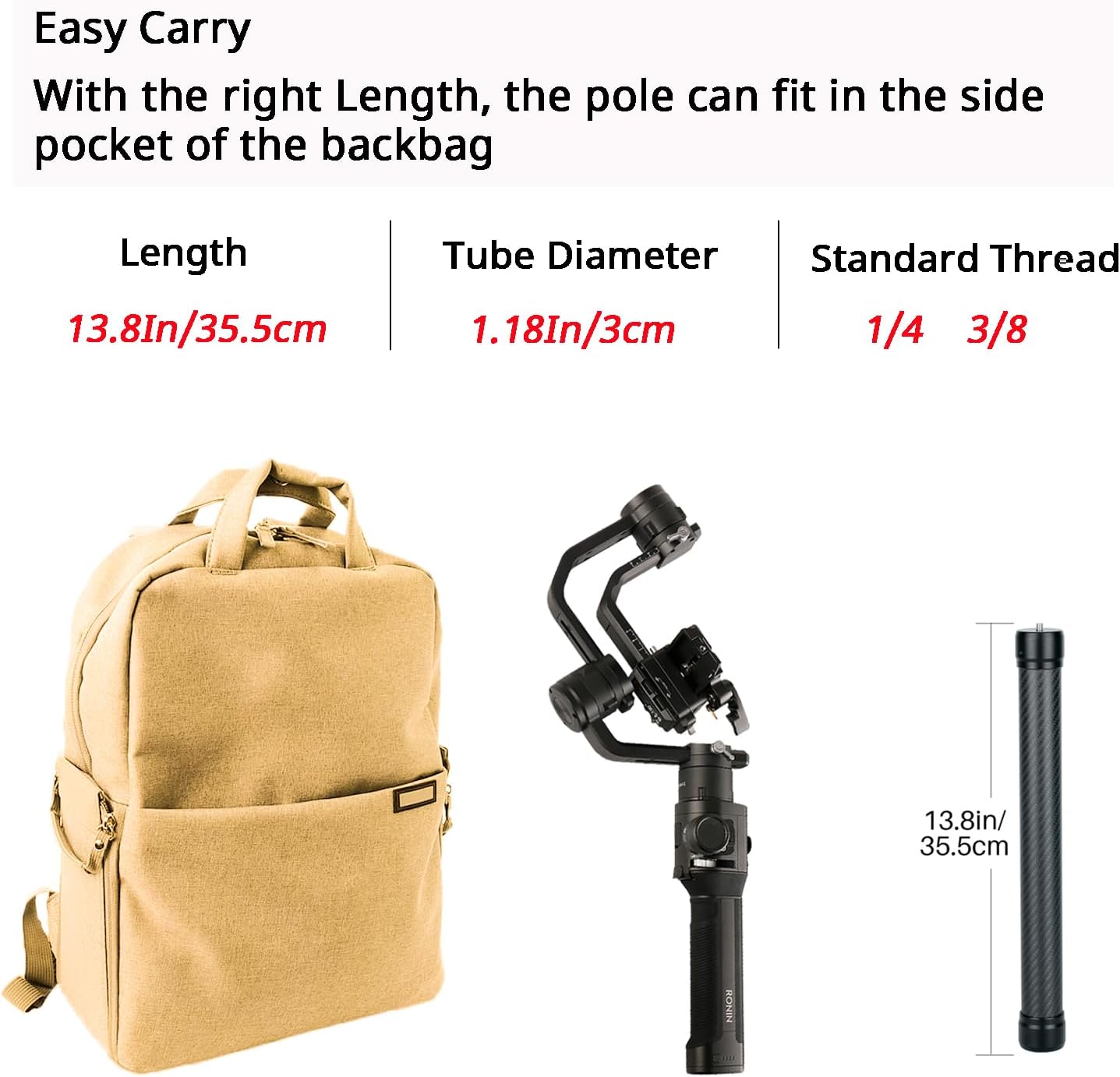 Professional Carbon Fiber Extension Monopod Pole Stick Rod 1/4'' Compatible for DJI RS4/RS4 PRO/RS3 Mini/RS3/RS3 PRO/RS2/RSC2/Ronin S/Ronin SC/Zhiyun Crane 2 Crane 3 Weebill Gimbal Stabilizer