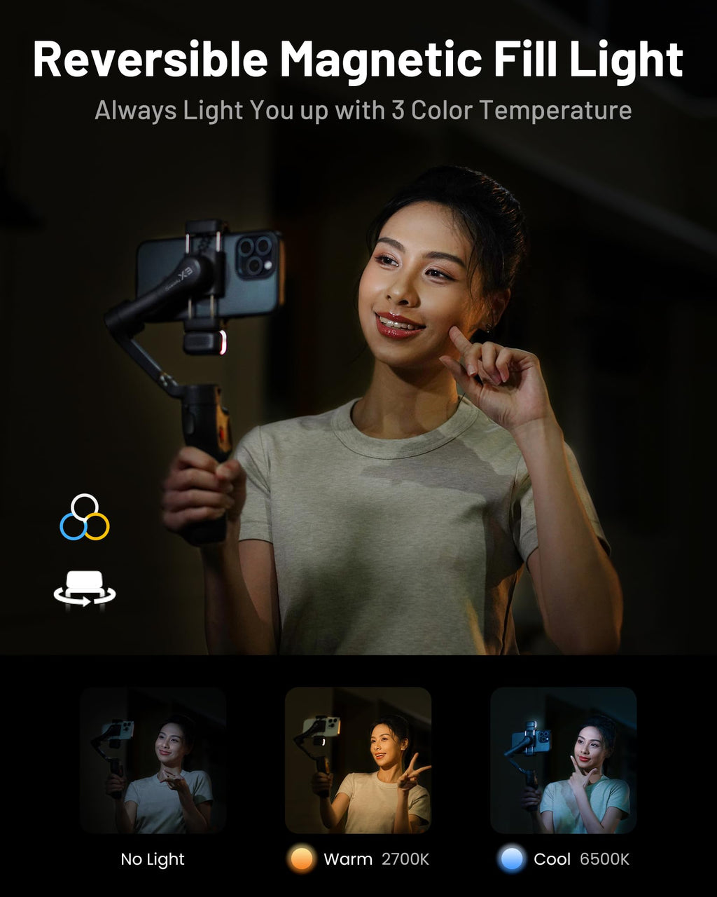Hohem iSteady X3 Gimbal Stabilizer for iPhone, Foldable Phone Gimbal Object Tracking, Remote Control, 3-Axis Phone Stabilizer Built-in Extendable Rod & Tripod, Fill Light for Video Recording, YouTube