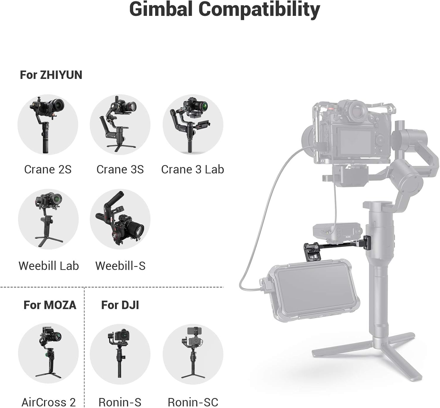 SMALLRIG Adjustable Camera Monitor Mount for DJI Ronin-S/Ronin-SC & ZHIYUN Crane 2S/Crane 3/3S/WEEBILL-S & MOZA AirCross 2 Gimbals - 2889