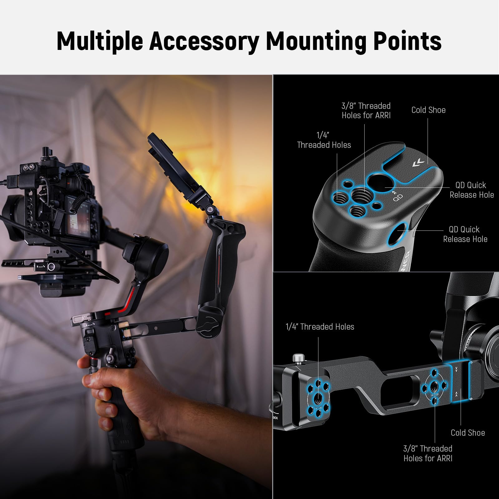 NEEWER Adjustable Sling Handle Grip Compatible with DJI Ronin RS4 RS3 Mini RS 3 Pro RS 2 RSC 2 Gimbal Stabilizer for Low Angle Shot, Max Load 13.2lb, ST49